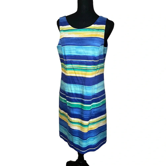 Pappagallo Sheath Dress Blue Lagoon Multi Stripe Lined Sleeveless. - Picture 3 of 8